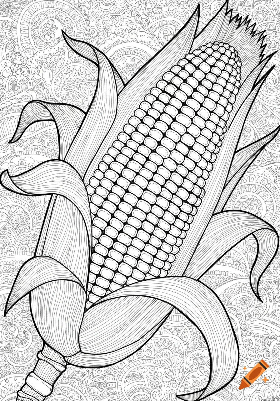 Black and white line art drawing of an ear of corn with a detailed patterned background, suitable for a coloring book.