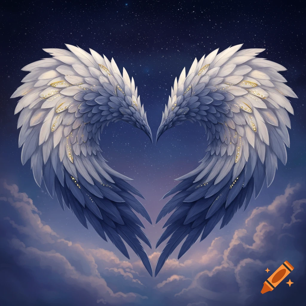 Stylized white and blue wings form a heart shape against a starry night sky with clouds.