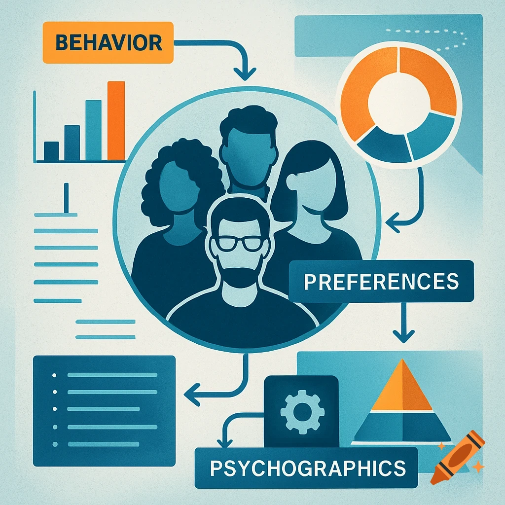 A blue and orange infographic illustrating audience data points like behavior, preferences, and psychographics with stylized figures, charts, and text.