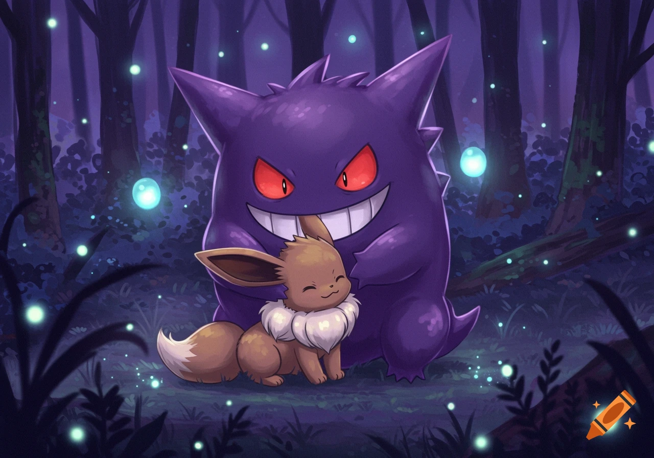 Gengar gently hugs a small, smiling Eevee in a dark, magical forest with glowing blue orbs, digital illustration.