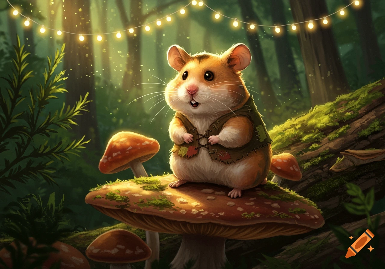 A cute, fluffy hamster wearing a patched green vest sits on a large mushroom in an enchanting forest with glowing string lights.