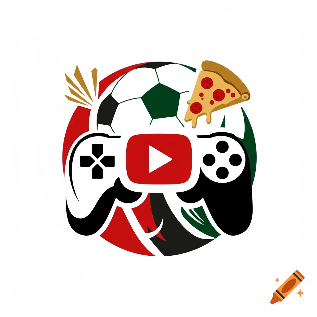 A colorful logo symbol combining a soccer ball, a gaming controller, a YouTube play button, and a slice of pizza.
