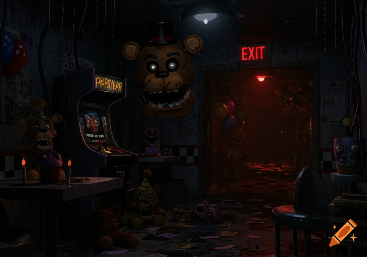 A dimly lit room with animatronic figures, an arcade machine with garbled text, and a glowing red EXIT sign above a doorway.