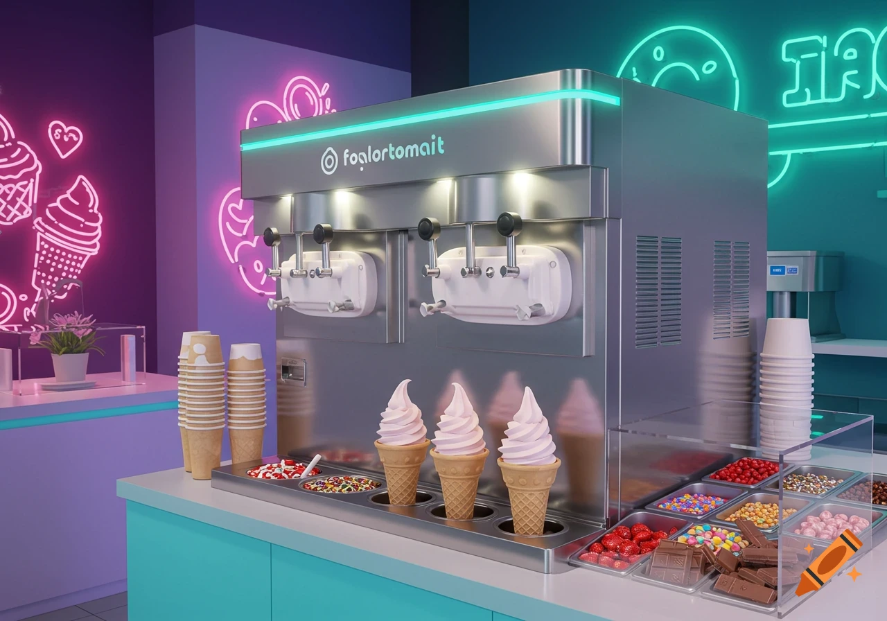 Photorealistic image of a stainless steel frozen yogurt machine with three soft serve cones and various toppings in a vibrant shop with neon lights.