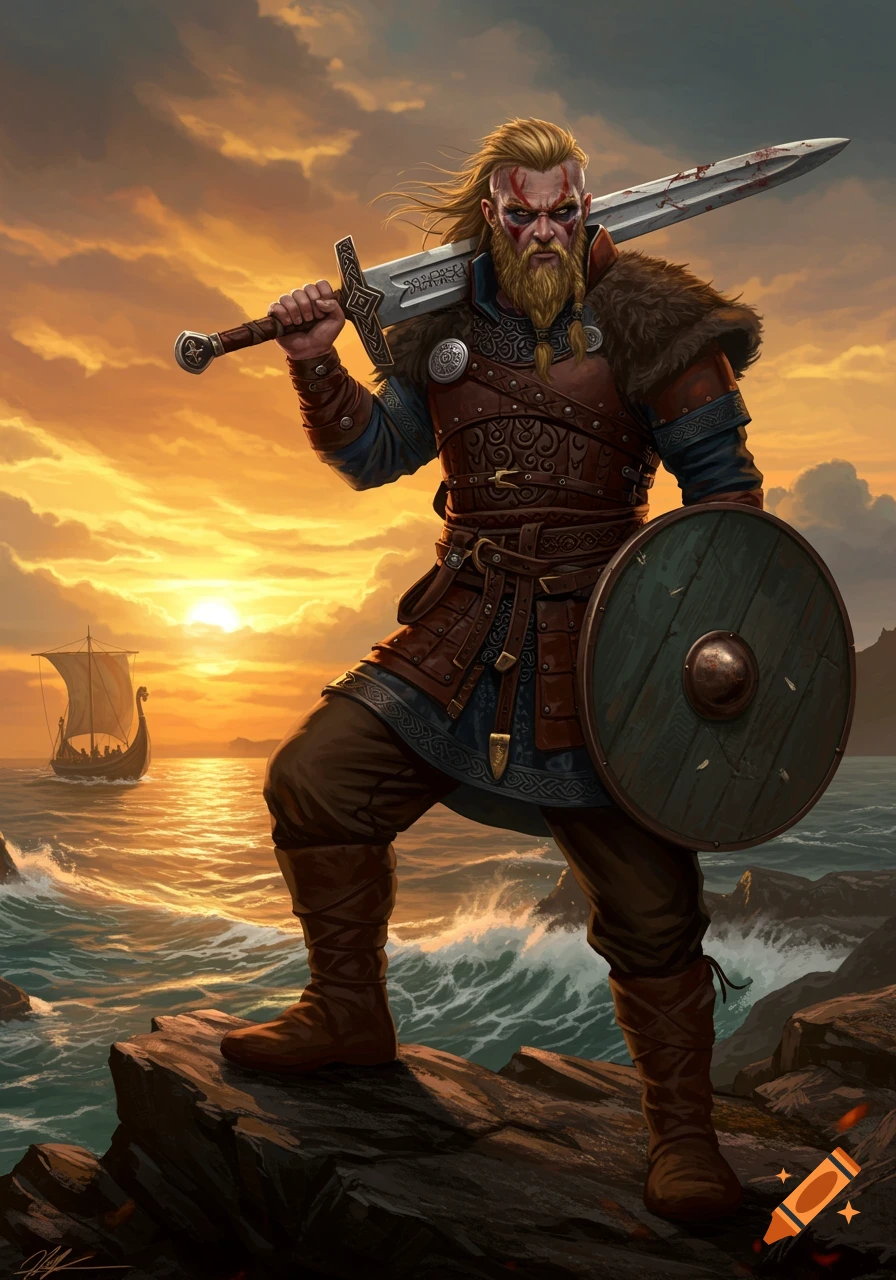 A bearded Viking warrior with a sword and shield stands on rocks by the sea, a longship sails under a fiery sunset.