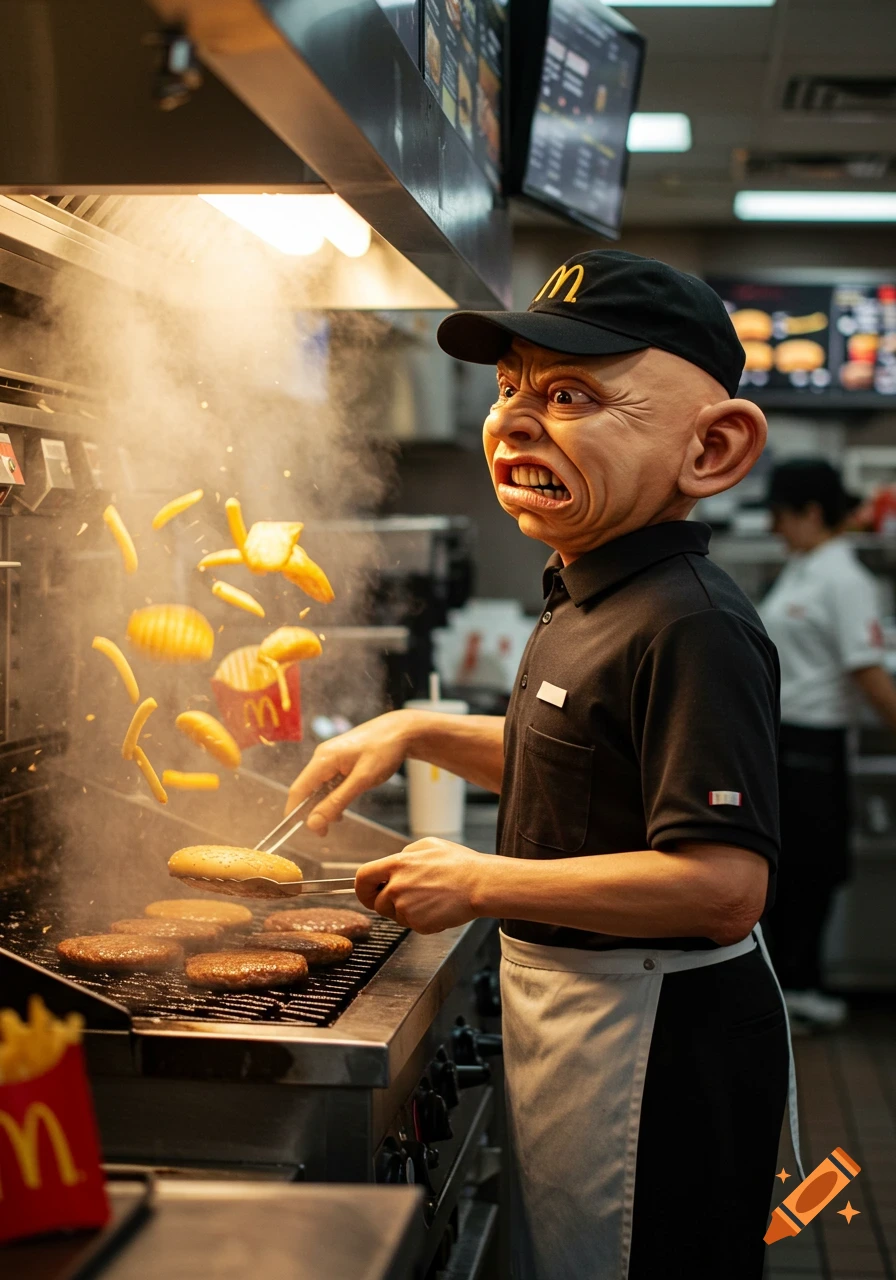 A grotesque, grimacing person in a McDonald's uniform cooks burgers on a grill as fries fly through the air in a realistic style.