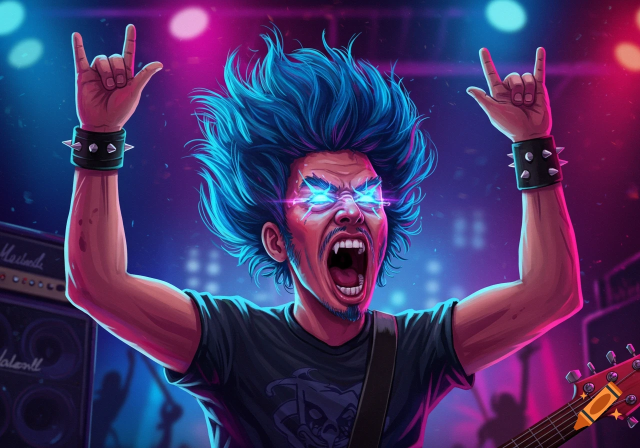 An animated headbanger with spiky blue hair and glowing eyes, yelling and throwing devil horns at a concert.