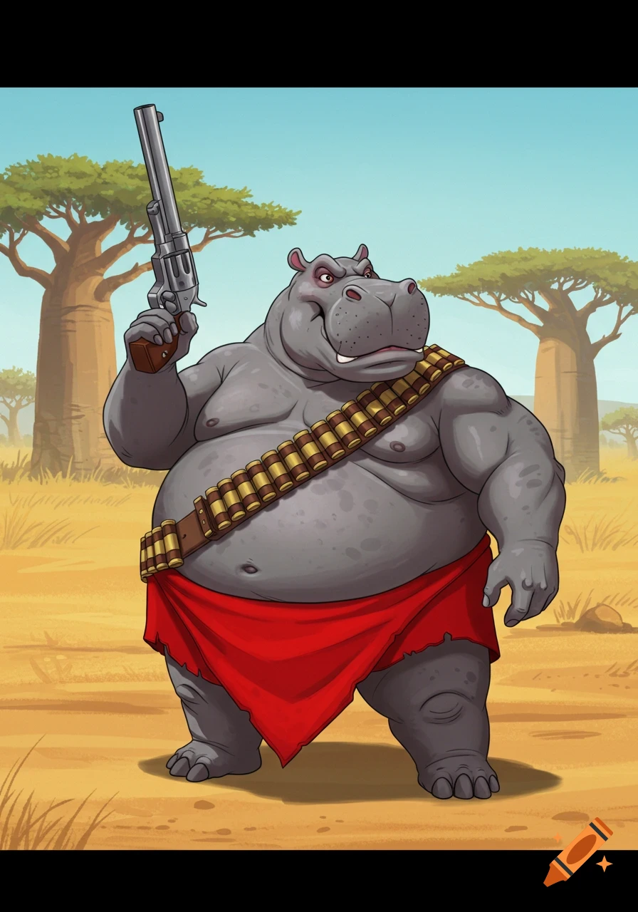 A cartoon hippo wearing a red loincloth and a bullet bandolier holds a large revolver in a savanna landscape with baobab trees.