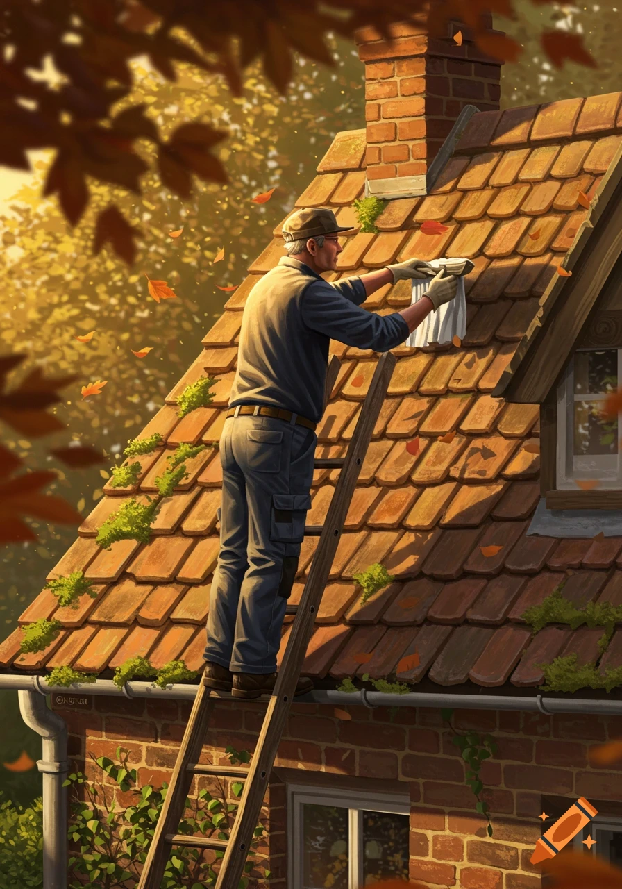 An illustration of an elderly man on a ladder cleaning the roof of a house amidst falling autumn leaves.
