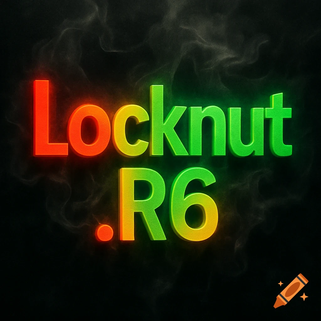Glowing red, yellow, and green 3D text "Locknut.R6" on a smoky black background.