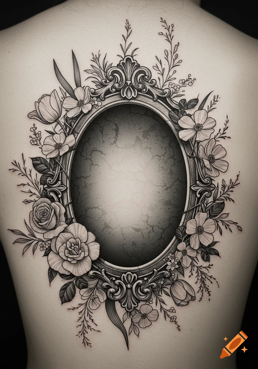 Black and white tattoo of an ornate oval frame surrounded by roses, tulips, and other flowers and vines on a person's back.
