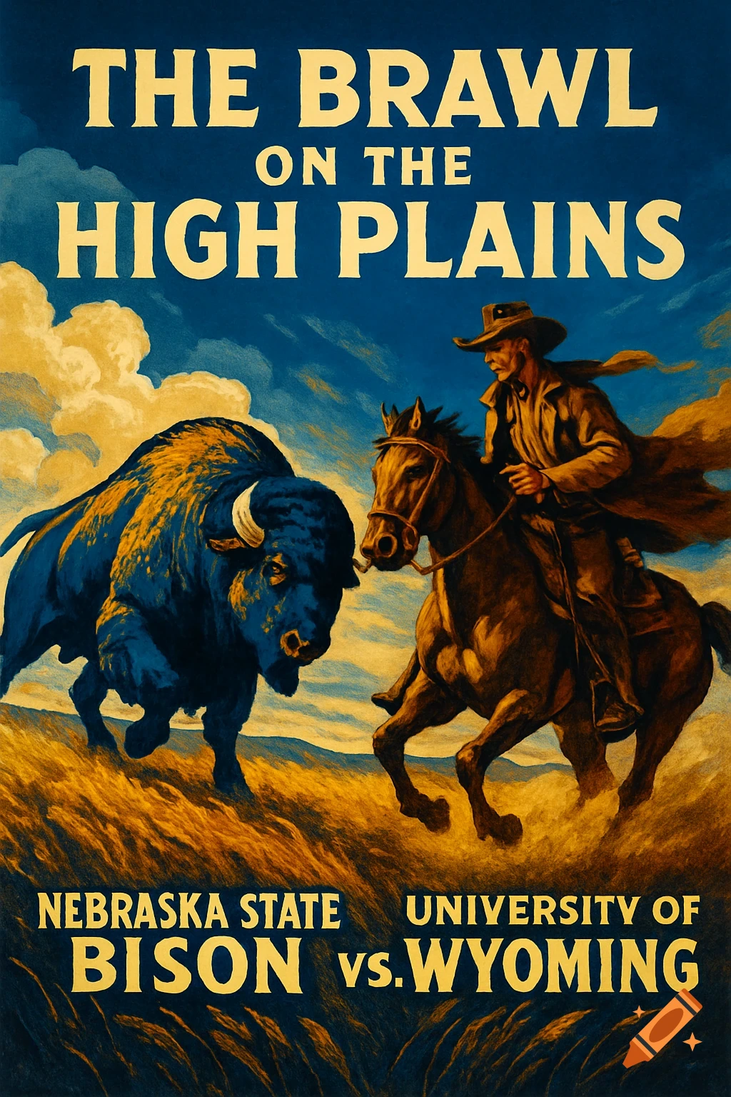 Vintage-style poster depicting a cowboy on a horse facing a blue bison, with text 'The Brawl on the High Plains: Nebraska State Bison vs. Wyoming'.
