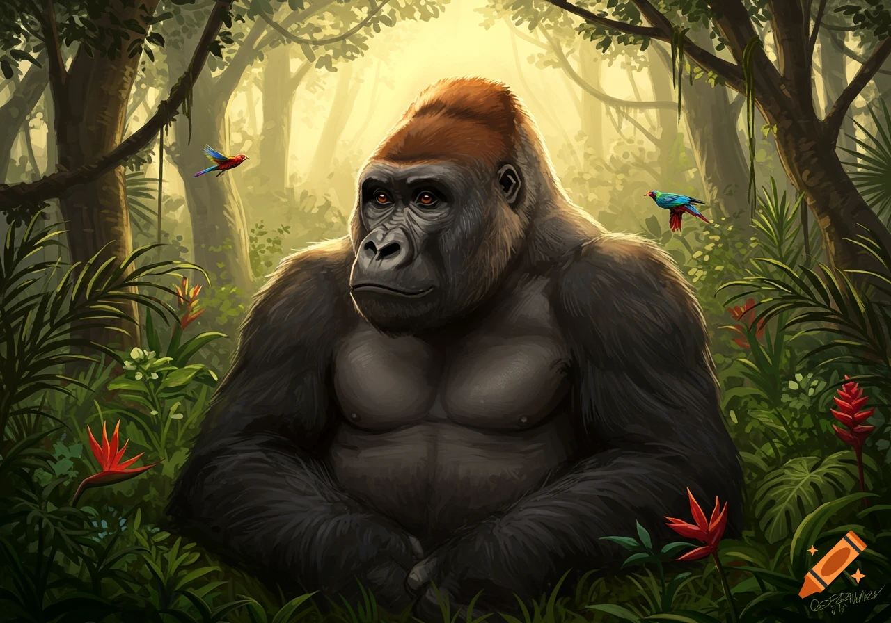 An illustration of a large gorilla sitting in a lush, sunlit jungle with two colorful birds flying nearby.