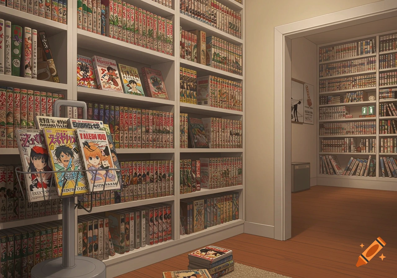 Anime-style room with white bookshelves packed with colorful manga and comics, a rotating display in the foreground, and another bookshelf-lined room through a doorway.