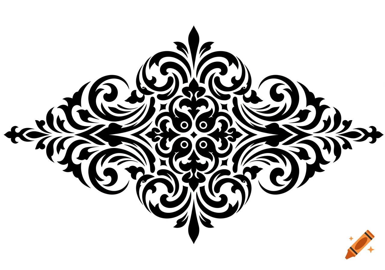 A symmetrical black ornamental design with intricate swirls and scrollwork against a white background.