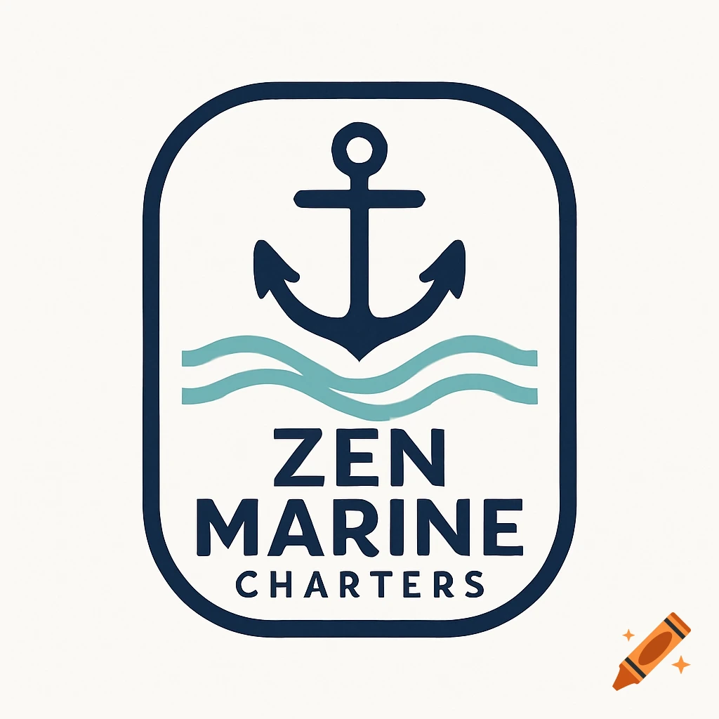 Zen Marine Charters logo featuring a dark blue anchor, light blue waves, and company name within a rounded dark blue border on a white background.
