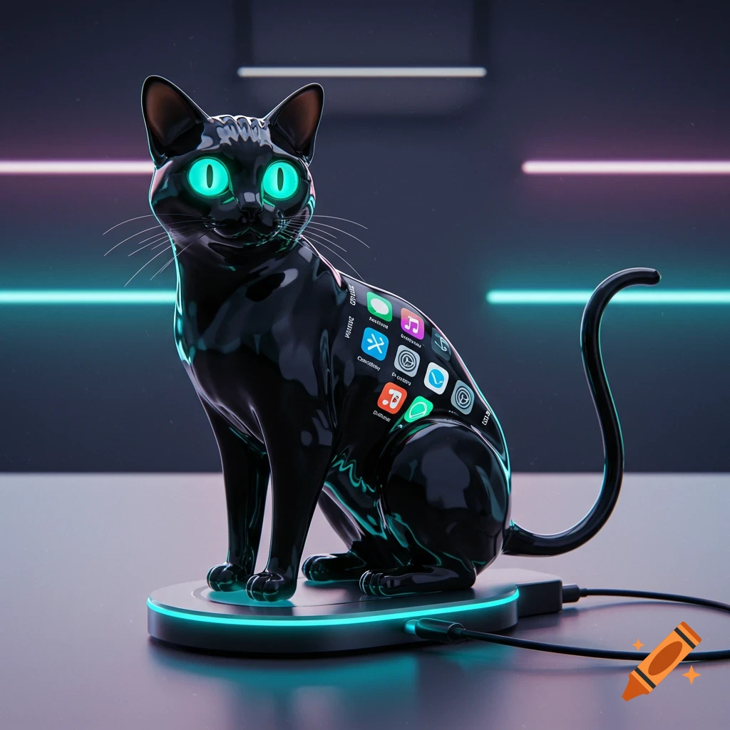 A sleek black cybernetic cat with glowing green eyes and app icons on its body sits on a glowing charging pad amidst neon lights.