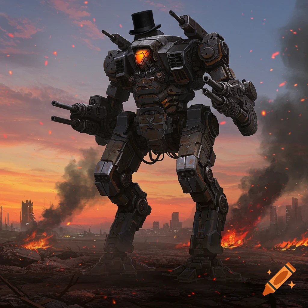 A massive, dark battlemech wearing a top hat stands in a ruined city engulfed in flames and smoke under a sunset sky.