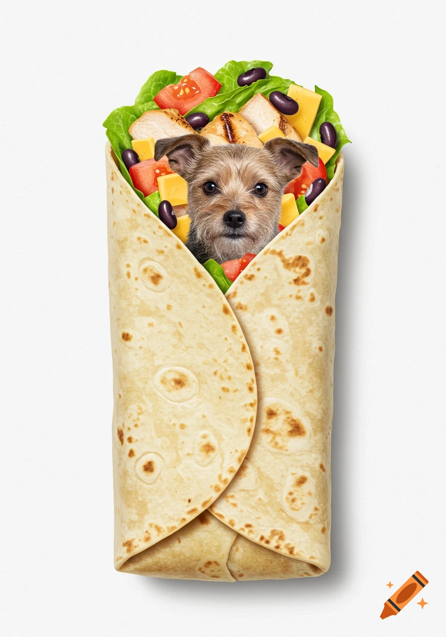 A small scruffy dog's head peeks out from a large burrito filled with salad, cheese, and chicken, set against a plain white background.