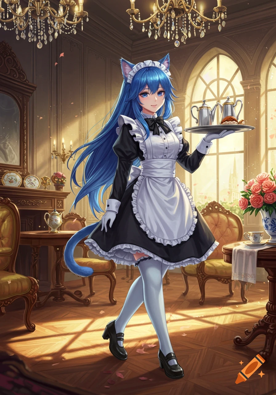 An anime cat girl maid with blue hair carrying a tray in an elegant room, detailed illustration style.
