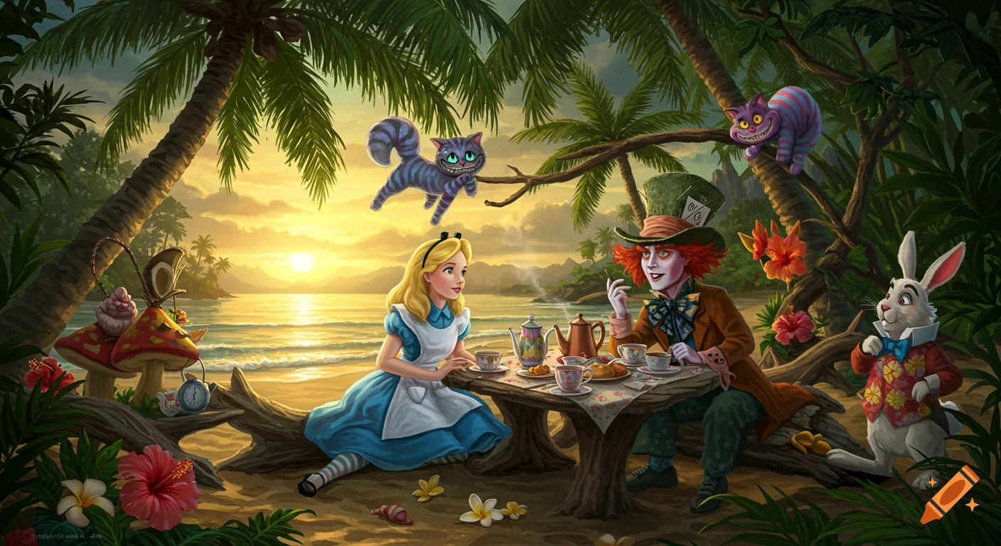 Alice, the Mad Hatter, White Rabbit, and Cheshire Cat having a tea party on a Hawaiian beach at sunset.