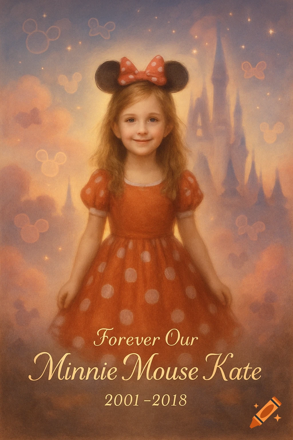 Painterly portrait of a smiling young girl in a red Minnie Mouse dress and ears, with a Disney castle and text 'Forever Our Minnie Mouse Kate 2001-2018'.