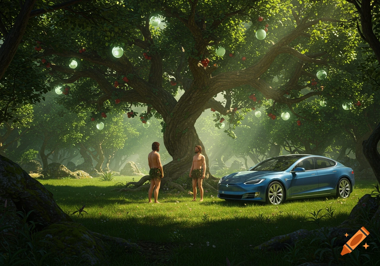 Adam and Eve stand in a lush Garden of Eden beside a large tree with red and glowing fruit, with a blue Tesla car parked nearby. Photorealistic.