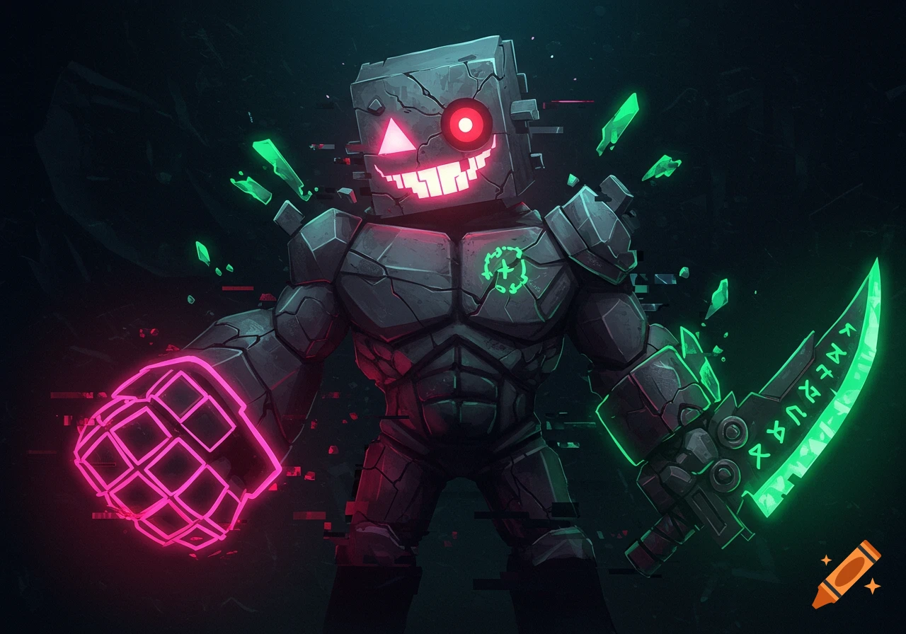 A blocky, dark stone golem with glowing neon pink and green elements. It has a pixelated grinning face and holds a glowing green runic blade.