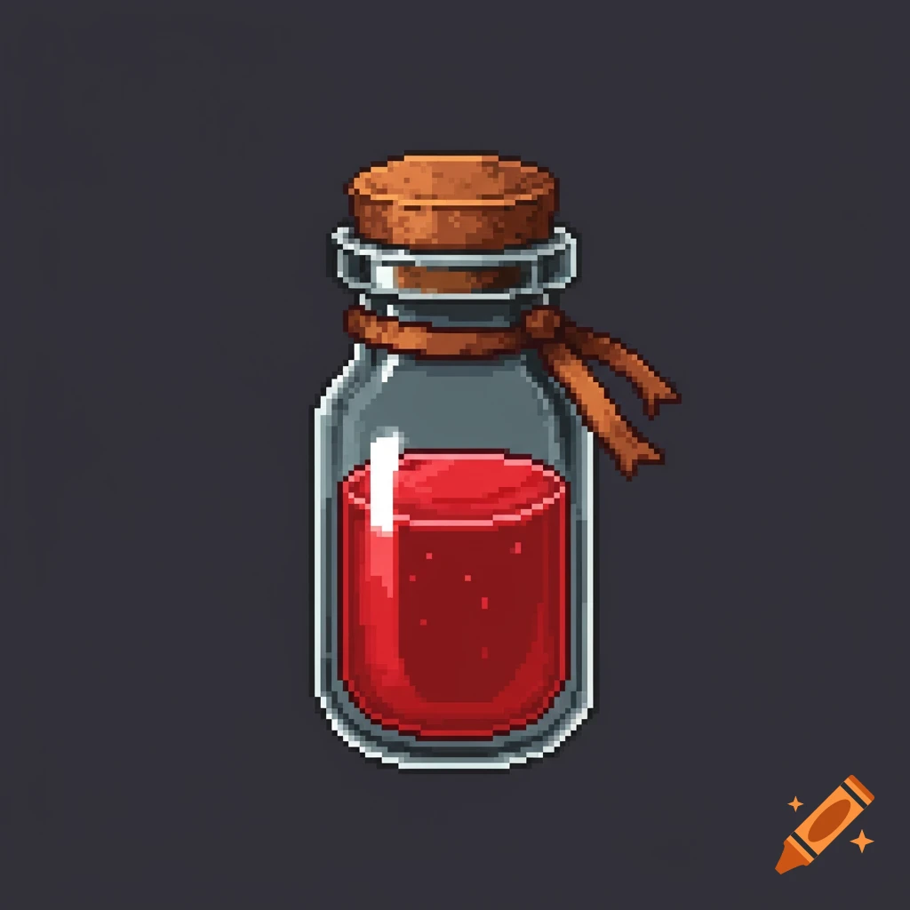 A pixel art bottle with a cork stopper containing red liquid, tied with a brown ribbon.