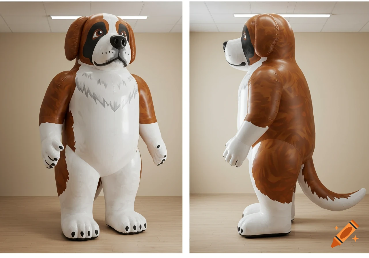A giant anthropomorphic inflatable Saint Bernard dog stands in a room, shown from the front and side views.