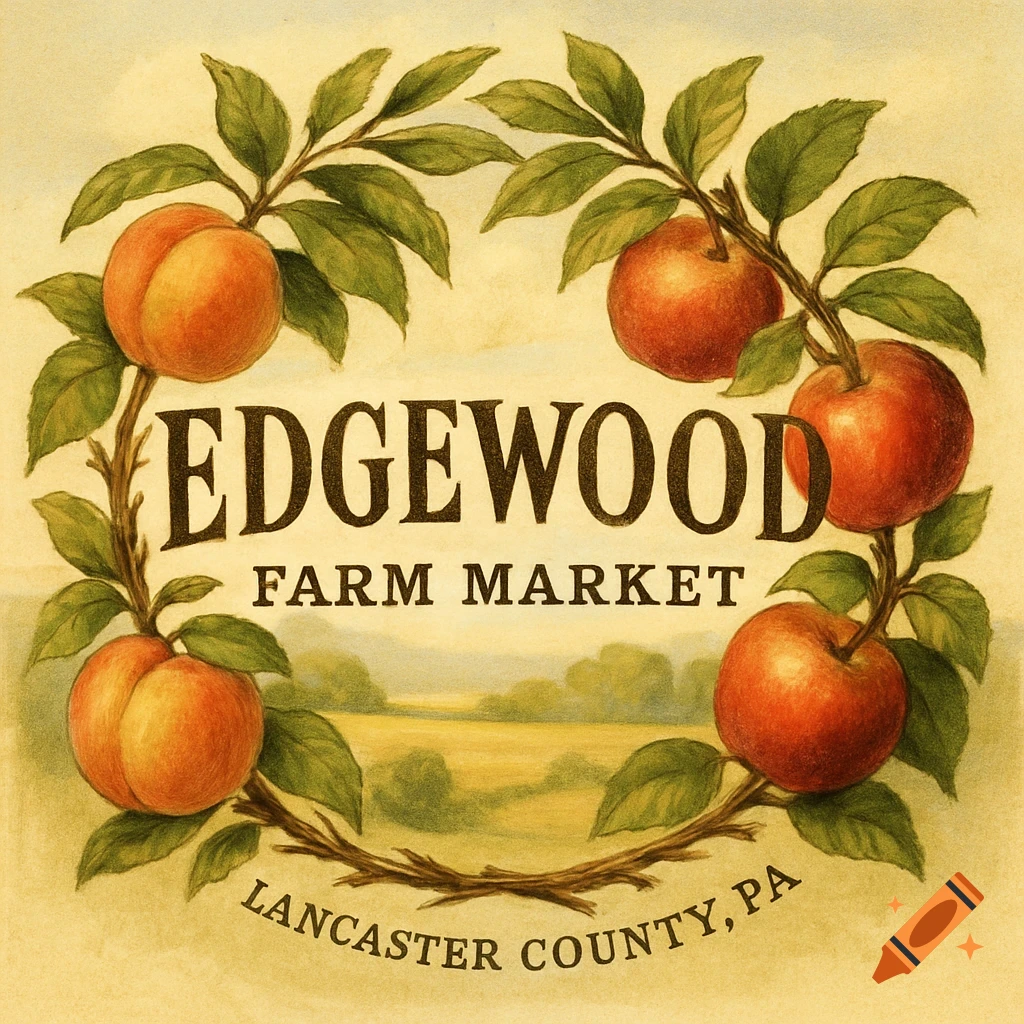 Vintage-style logo for Edgewood Farm Market with a wreath of peaches and apples surrounding the text.