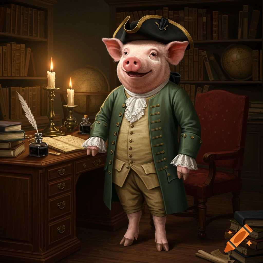 A smiling pig dressed in 18th-century attire, standing next to a desk with a quill and books in a library.