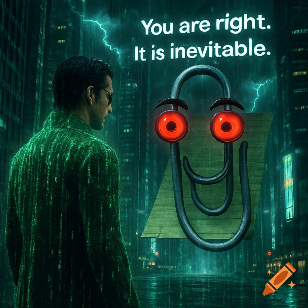 A character resembling Neo from The Matrix faces a menacing, red-eyed Clippy in a rainy, green-lit city. Text reads 'You are right. It is inevitable.'