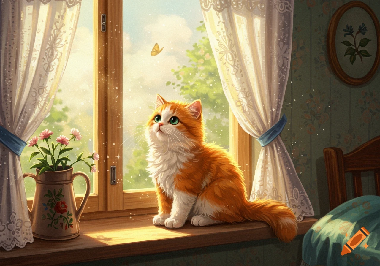 An adorable fluffy orange and white cat sits on a sunlit windowsill, gazing up at a butterfly, with lace curtains and a vase of pink flowers nearby.