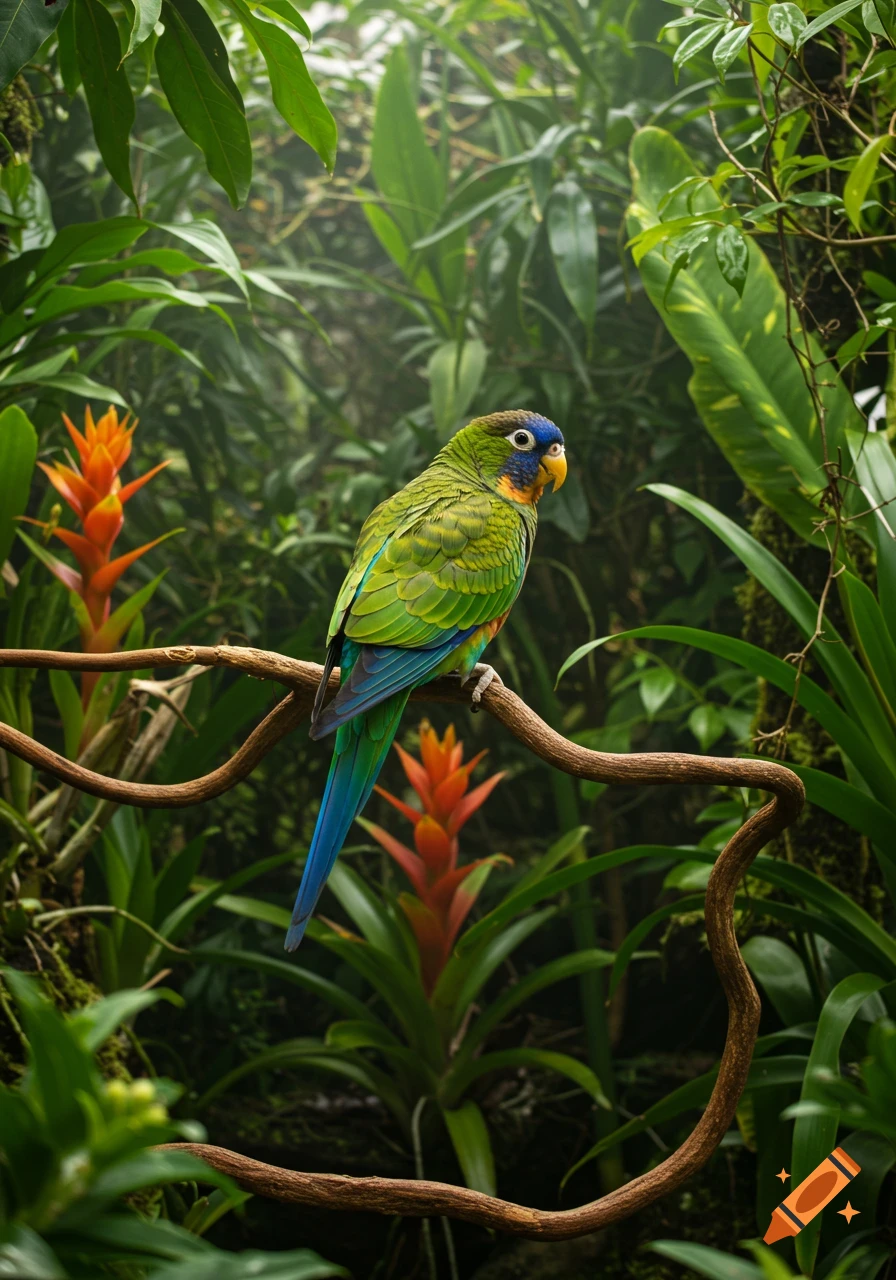 A vibrant green, blue, and yellow parakeet perches on a winding branch in a lush tropical jungle with orange bromeliads.