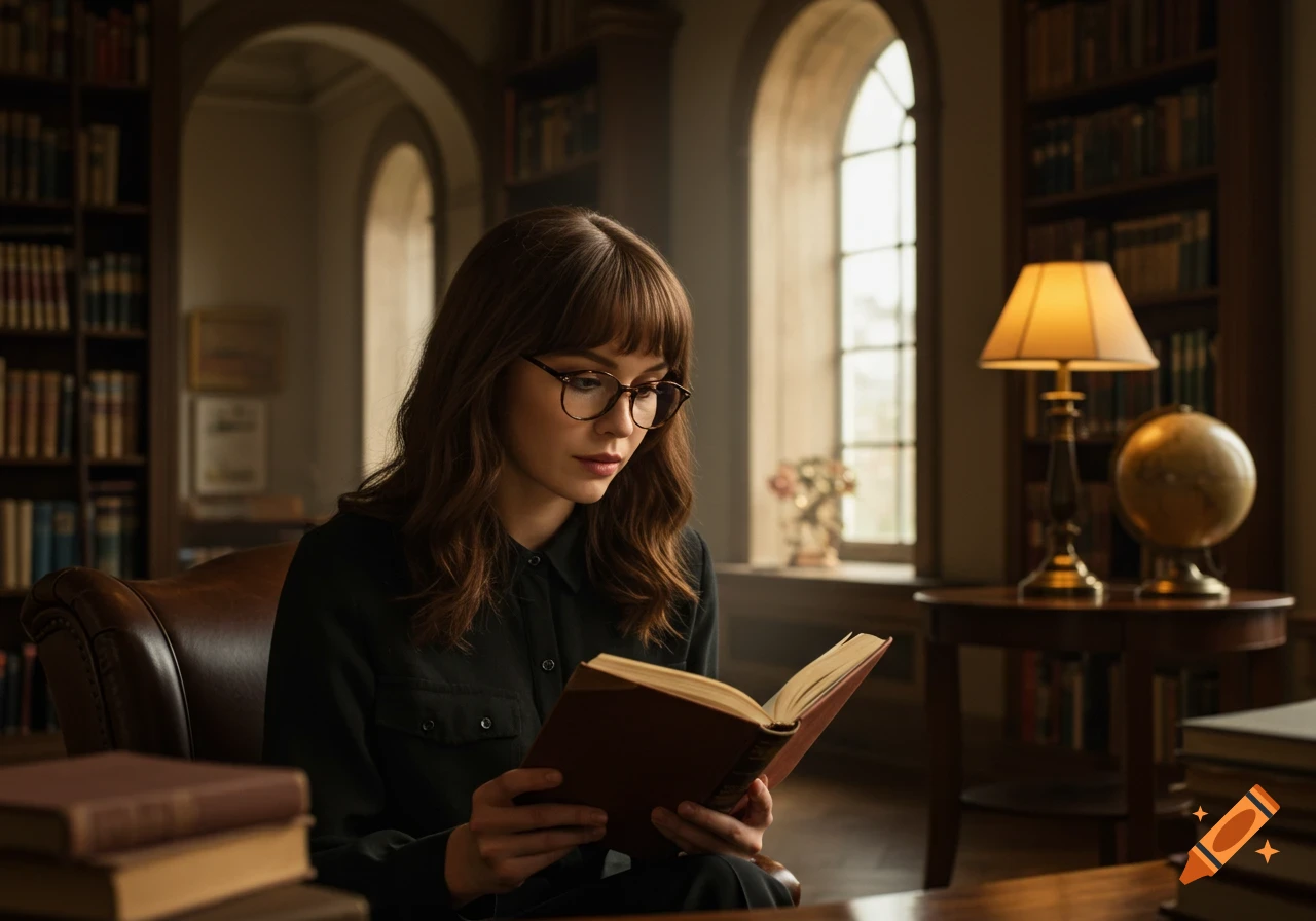 A woman with brown hair and glasses reads a book in a dimly lit library.