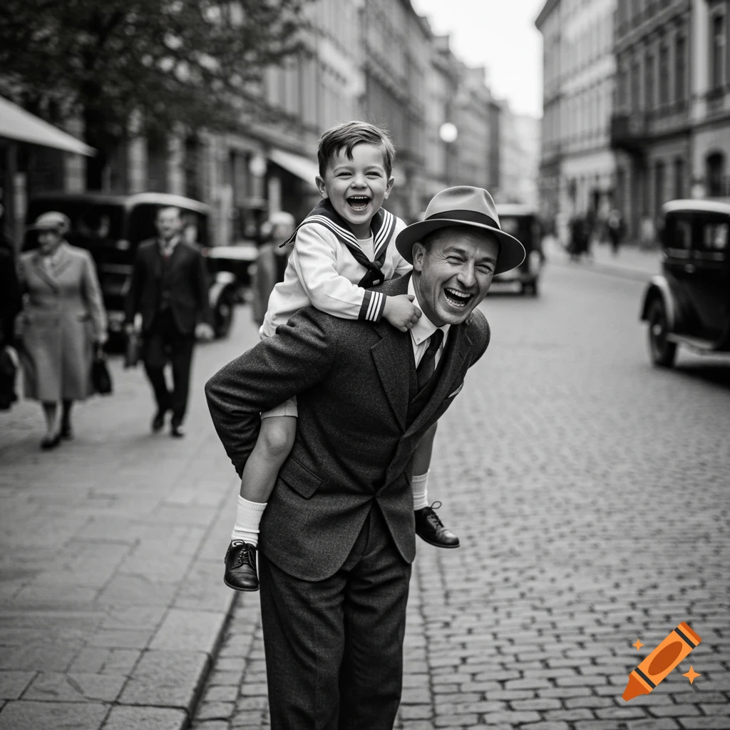 A joyful black and white 1920s photo of a father giving his son a piggyback ride on a cobblestone city street, both laughing.