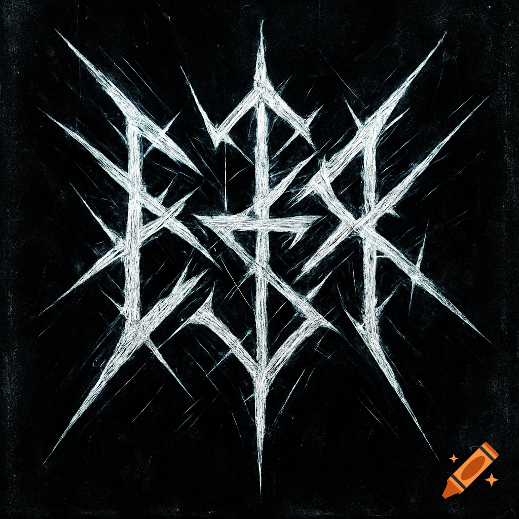 A white, thorny, abstract symmetrical logo on a dark, scratched background in a grunge style.
