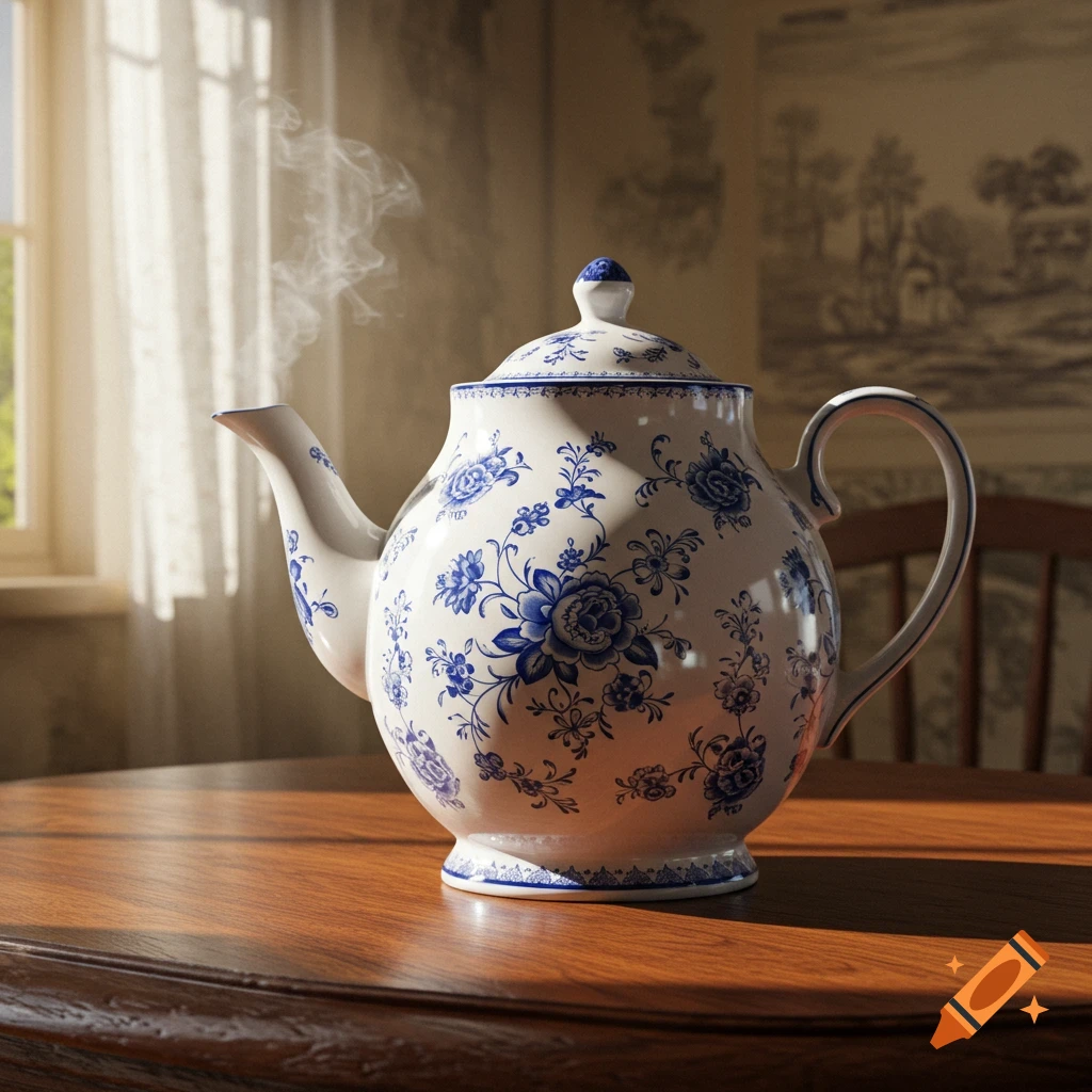 A white teapot with blue floral patterns steams on a wooden table by a sunlit window, with a patterned wall in the background.