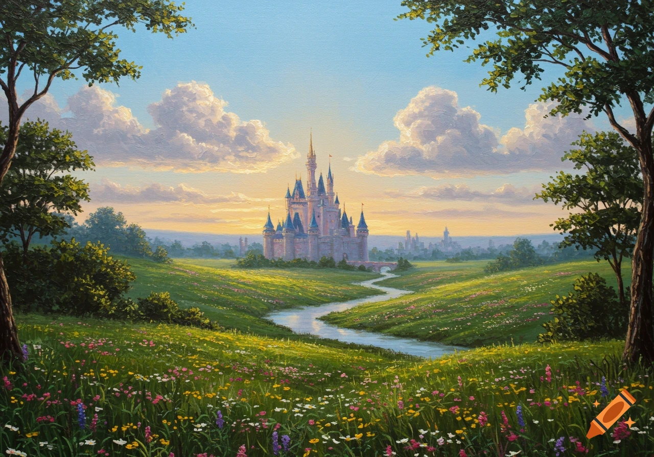 Oil painting of a fantasy castle in a lush valley with a river, trees, and wildflowers at sunset.