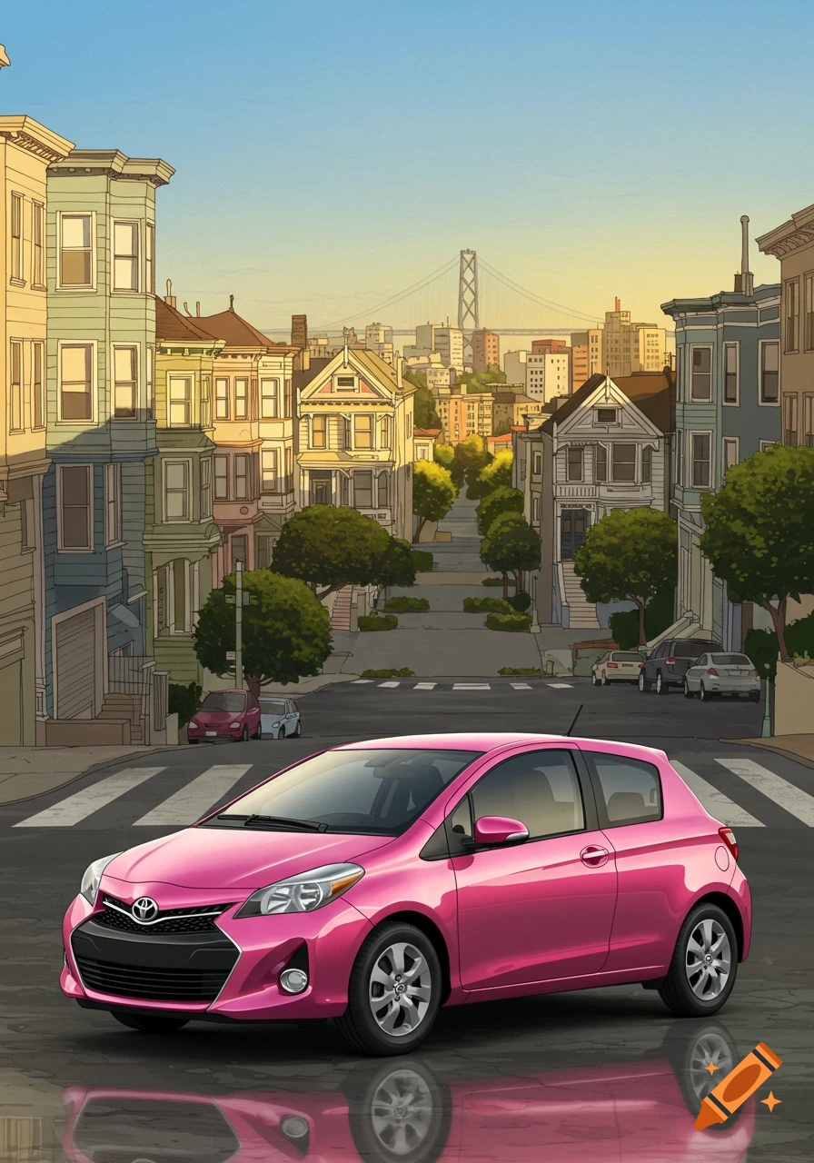 A shiny pink Toyota Yaris hatchback parked on a San Francisco street, with iconic Victorian houses and the Bay Bridge in the stylized background.