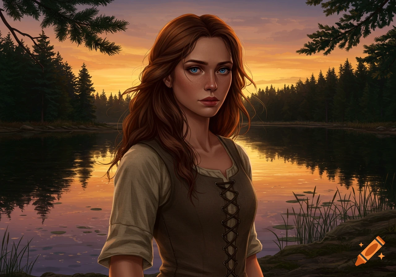 Digital painting of a woman with long brown hair and blue eyes by a lake at sunset, forest in background.