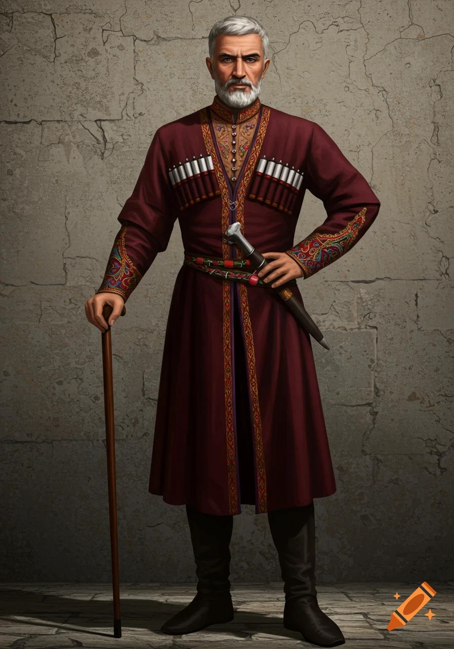 A proud Armenian man in traditional burgundy clothing with a cane and dagger, standing against a stone wall.