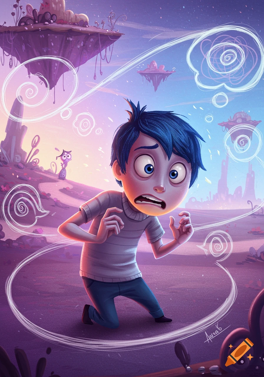 Stylized boy with blue hair looks scared, surrounded by thought bubbles in a purple fantasy landscape with floating islands.
