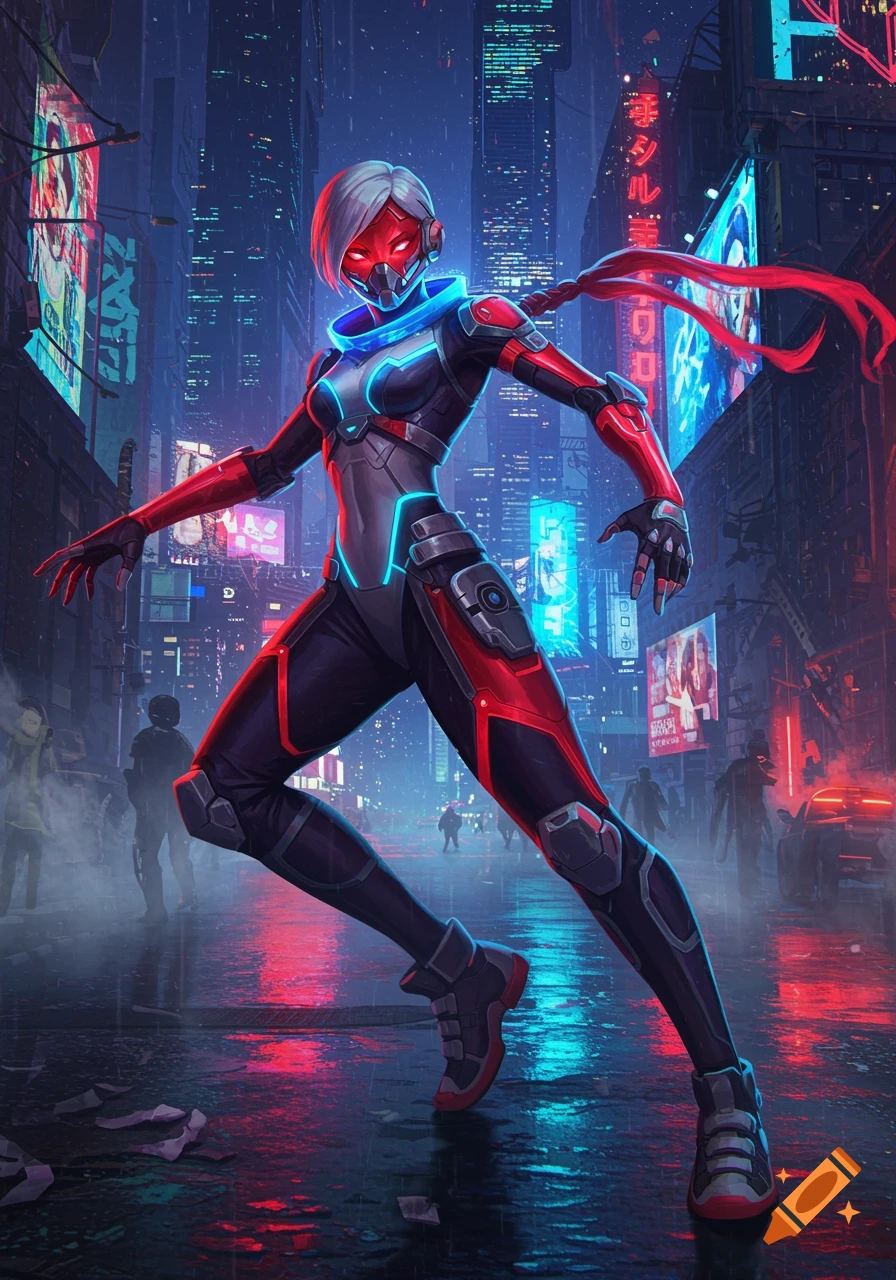 A female cyberpunk character in a red, black, and blue glowing suit stands in a rainy, neon-lit futuristic city street at night.