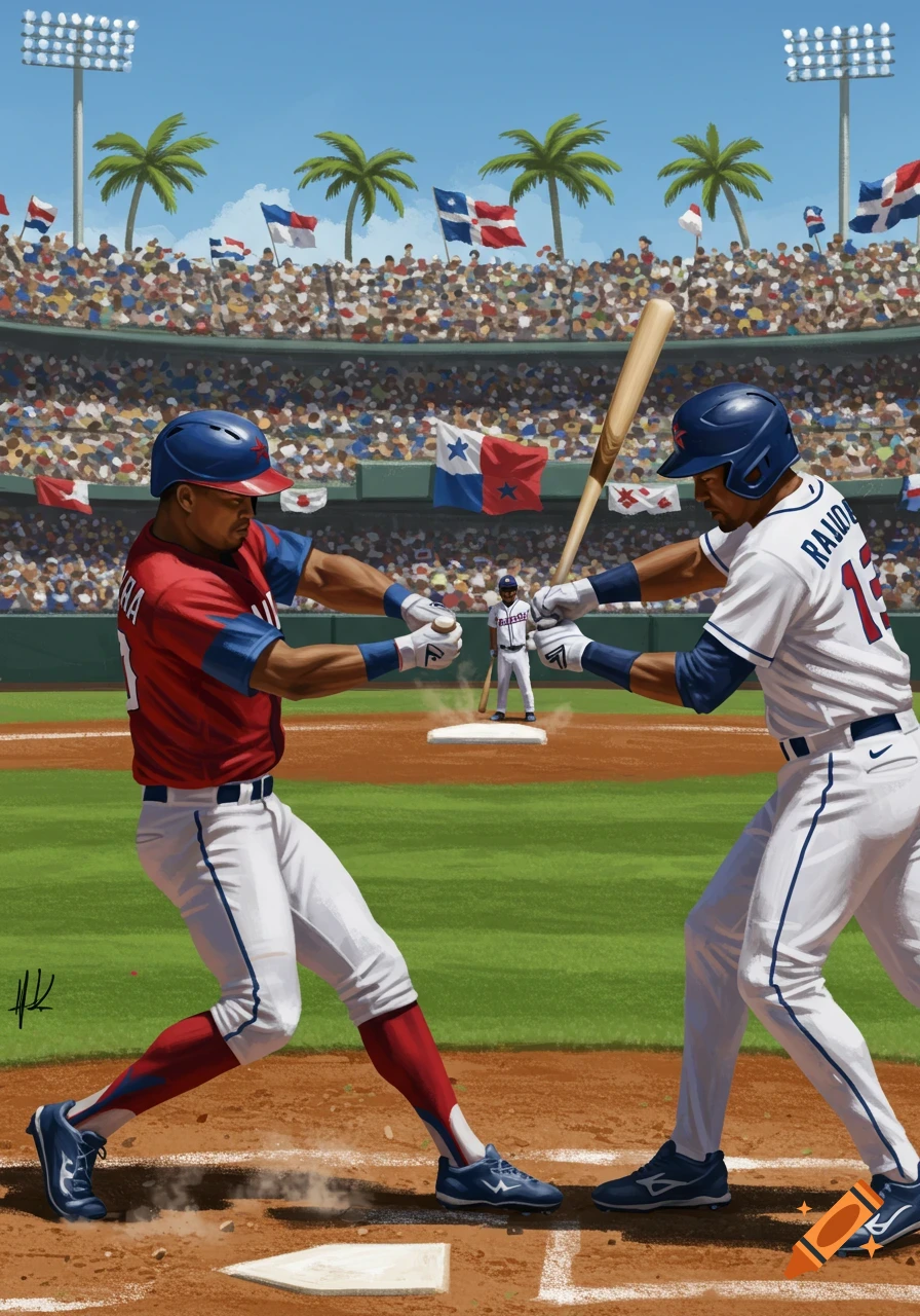 An illustration depicts two baseball players, one in a red uniform and one in a white uniform, at home plate, facing each other with bats and a ball. A tiny umpire stands behind them. Flags of Panama and the Dominican Republic wave in the crowded stadium background under palm trees.