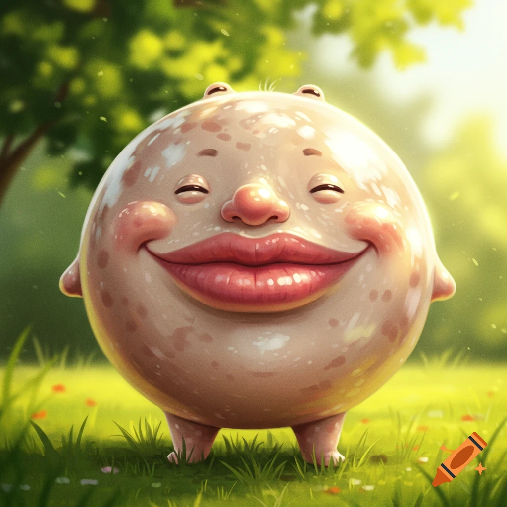 A smiling, round, fleshy creature with huge red lips, a large nose, and tiny closed eyes stands in a vibrant green field under a sunny sky.