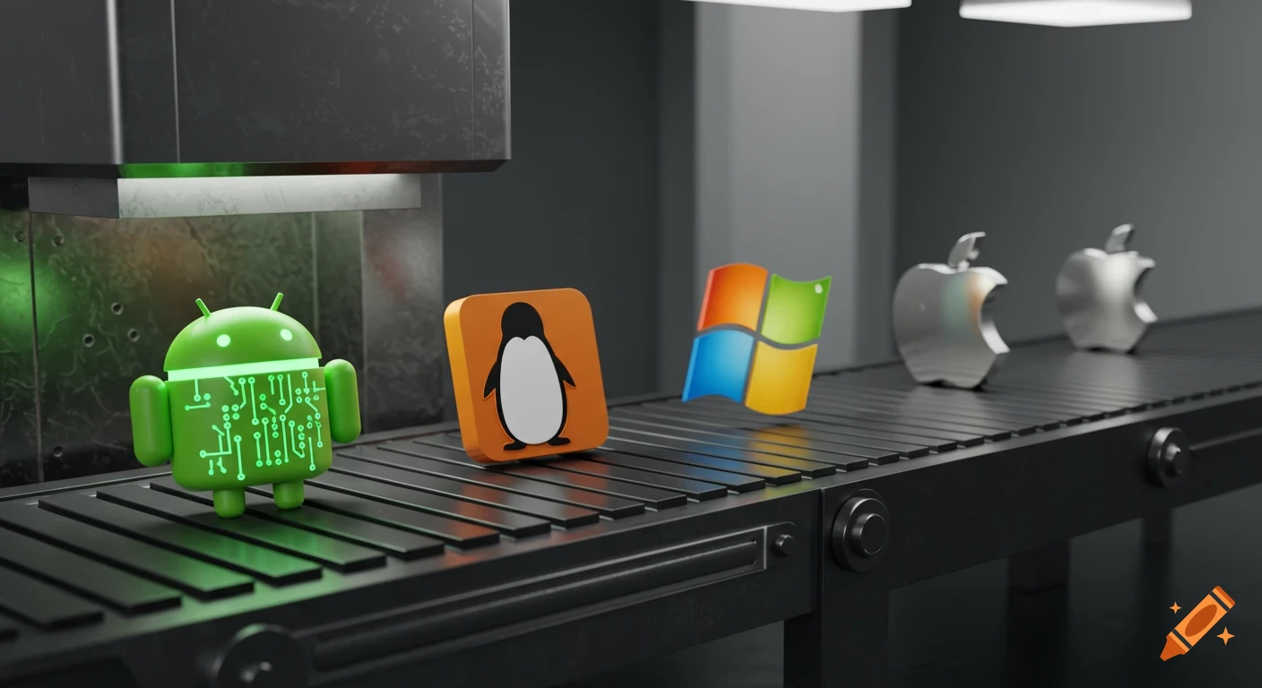 3D rendering of tech logos (Android, Linux, Windows, Apple) on a conveyor belt. The Android logo on the left shows glowing green circuitry.