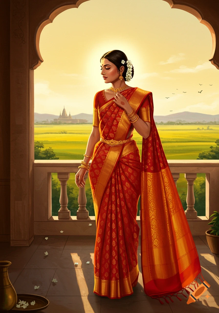An illustration of a woman in a red and gold saree standing on a balcony overlooking a green field and distant temple under a golden sky.