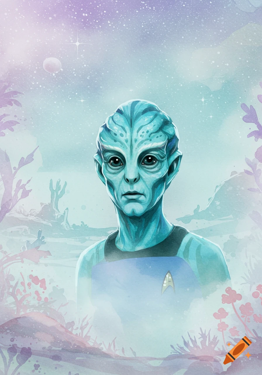 A teal-skinned Star Trek alien with large dark eyes, wearing a Starfleet uniform, is depicted in a watercolor style against a cosmic, ethereal background.